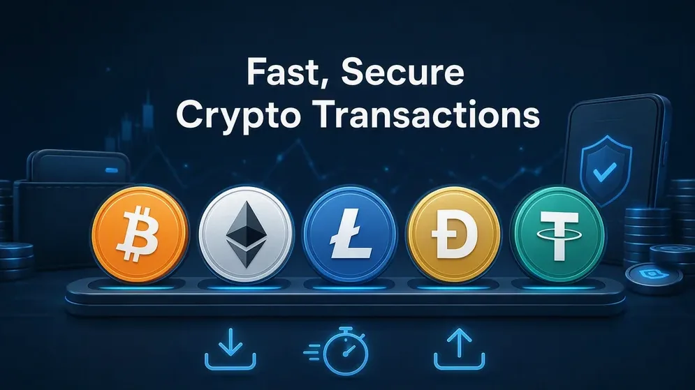 Cryptocurrency logos BTC ETH LTC DOGE USDT payment row
